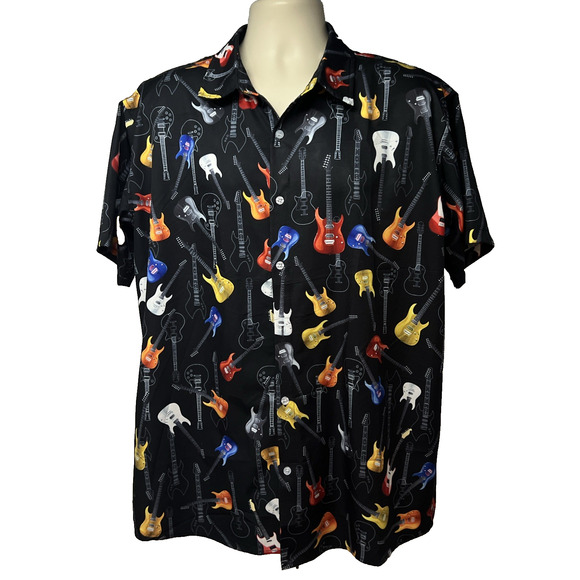 Unbranded Other - All Over Graphic Guitars Black Button Up Shirt Mens XL Soft Relaxed Stretch